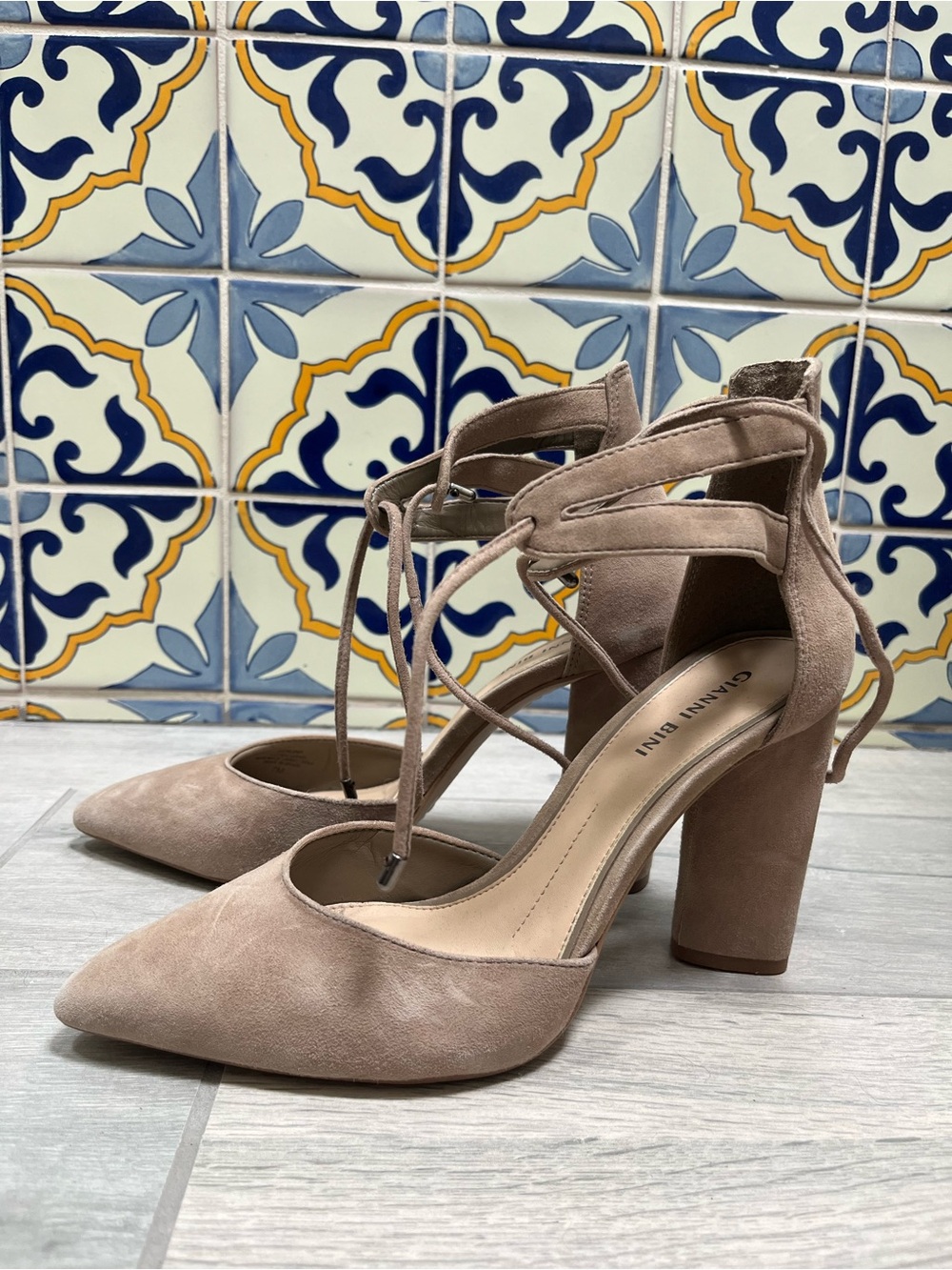 GIANNI BINI - Blush Taupe Nude Suede Pointed Toe Lace-Up Block Heels